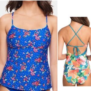 VERA BRADLEY Blue Floral Tankini Bikini Top w Criss-Cross Straps